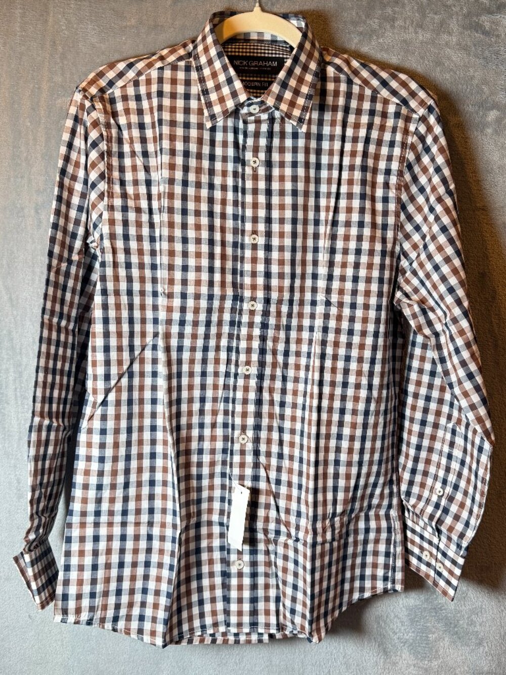 Nick Graham Plaid Button Up Shirt Men’s Medium Modern Fit Brown Blue